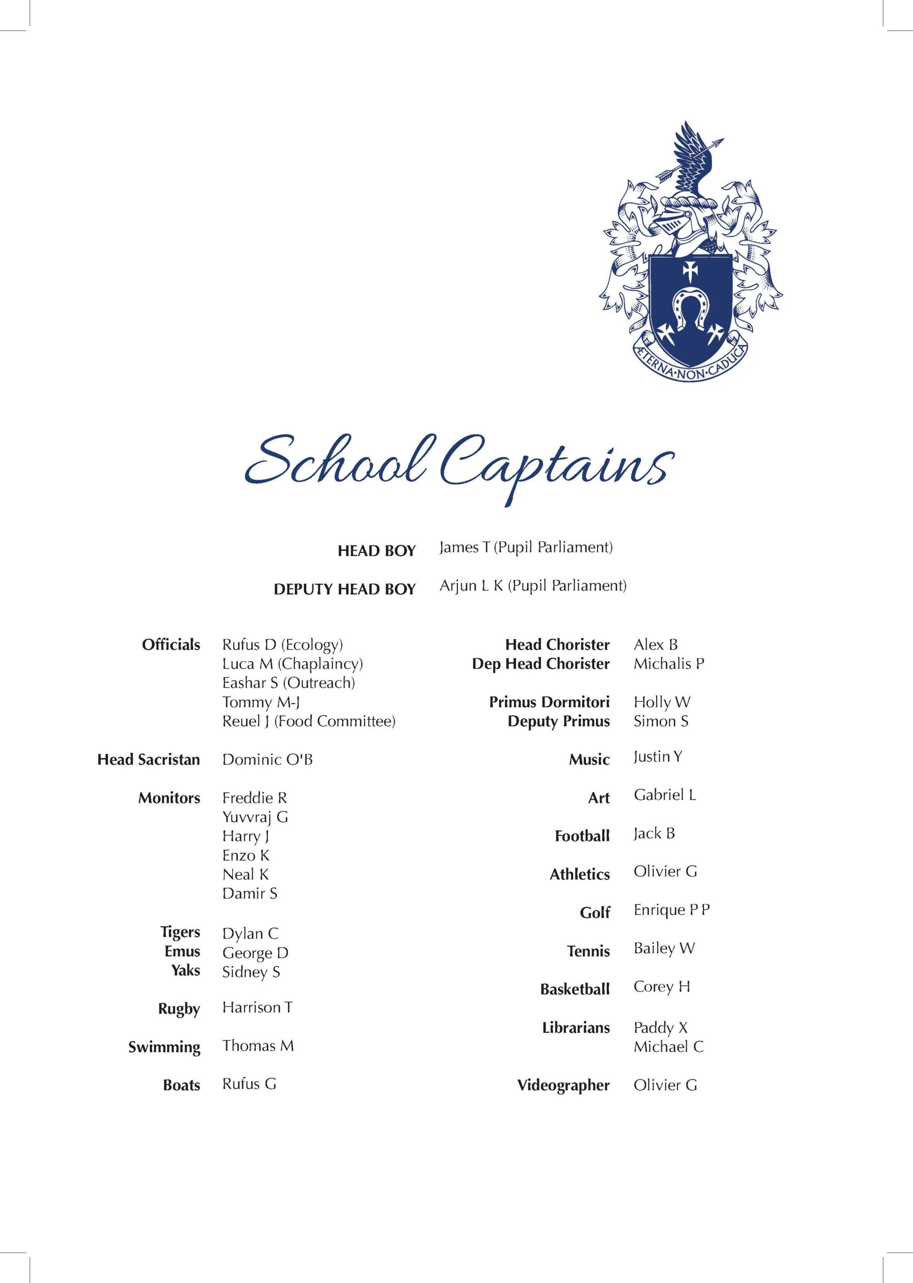 St John's Beaumont School Captains 2021-22