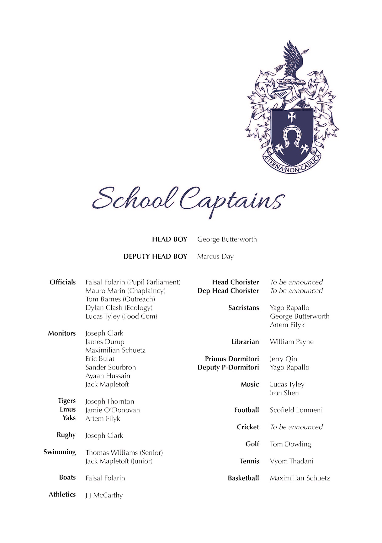 St John's Beaumont School Captains Ruds 2020
