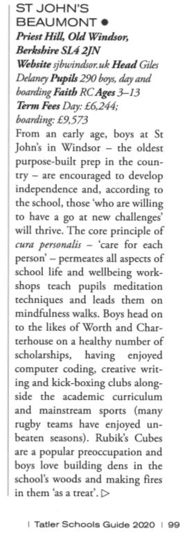 St John's Beaumont Old Windsor independent review in Tatler School Guide 2020